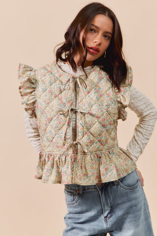 So Me Floral Print Ruffled Quilted Vest Top