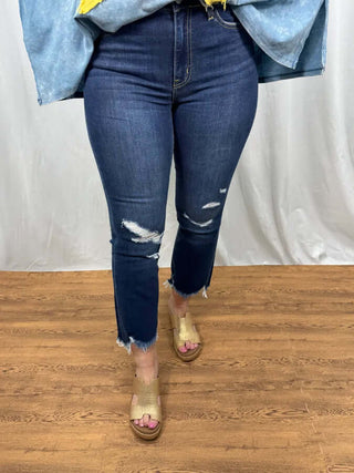 Alt text: "Vervet T5513 Dark Wash High Rise Crop Flare Distressed Jeans - Stylish and Trendy Denim Fashion