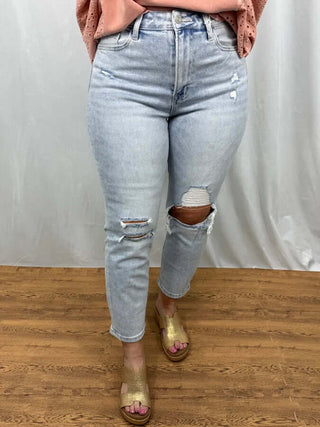 Light wash ripped stretch Mom jeans by Vervet V2272, featuring a stylish, comfortable, and trendy design.