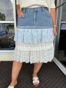 POL Denim Tiered Fabric Ruffle Skirt - Stylish, Blue, A-line with layered design, perfect for casual and chic looks