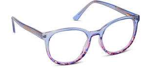 Alt text: "That's A Wrap Blue Readers by Peepers – stylish, round eyeglasses with a white and blue striped design.