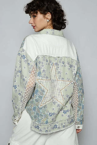 POL Mint & Lilac Floral Patchwork Shacket with button-up closure, featuring long sleeves and a cozy, casual fit.