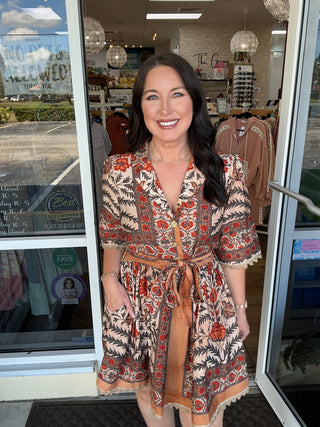 Entro Charcoal & Rust Botanical Print Short Dress