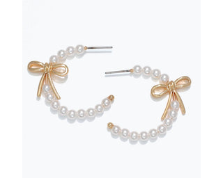 Pearl Hoop Post Earrings w/ Gold Bow