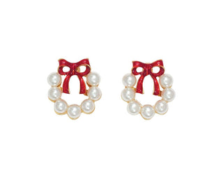 Gold & Pearl Wreath W/ Red Bow Post Earrings