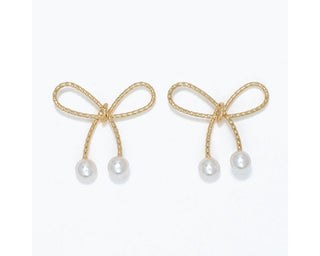 Gold Rope Bow w/ Pearls Post Earrings