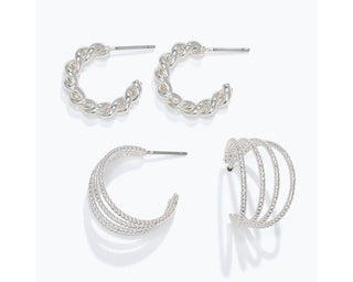 Duo Set of Silver Hoop Earrings - Twisted Rope & 4 Strand Hoop