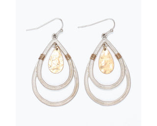 Mixed Metal Silver Hammered Teardrop Earrings w/ Gold Wire & Teardrop Pendant