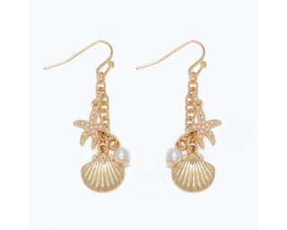 Gold Starfish & Seashell Pearl Drop Earrings