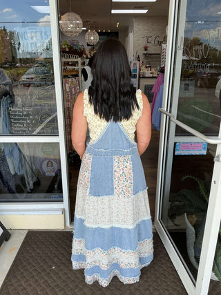POL Lt Denim & Vintage Floral Overall Maxi Dress with Lace Trim - Stylish, Bohemian Fashion for Any Occasion
