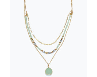 Gold Layer Chains w/ Mint Beads & Pendant 3 Strand Necklace