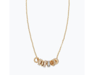 Gold Ring Charms w/ Crystals & Pearls Necklace