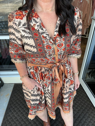 Entro Charcoal & Rust Botanical Print Short Dress