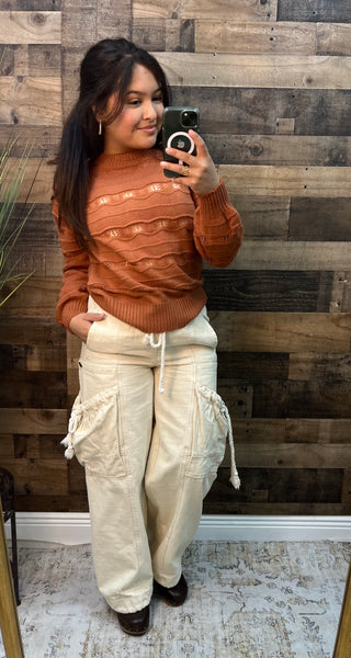 Forte Terracotta Waved Stripe Open Knit Long Slv Sweater