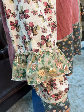 POL Raspberry Floral Ruffle Button Front Long Slv Top