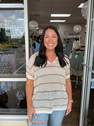 Ivory & Latte Stripe Open Knit Hoodie Top by Bibi displayed on a white background with a casual, stylish look.