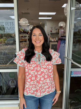 Coral & Green Layered Flutter Sleeve Top - Stylish Women's Fashion - &merci