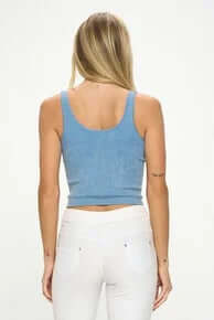 Ribbed Denim Blue Reversible Seamless Tank on hanger showcases stylish versatility and comfort for any wardrobe.