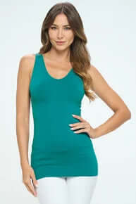 TEAL VERDIGRIS reversible seamless tank, buttery soft material, front and back view, hanging on a wooden hanger.