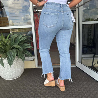 Mica F124 Denim High Rise Crop Non-Distressed Flare Jeans in Medium Wash, displayed on a white background.
