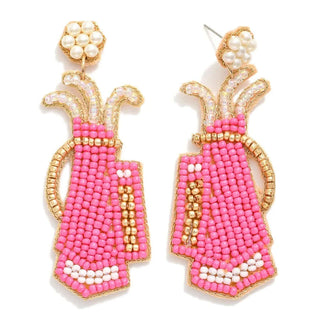 Pink seed bead golf bag earrings with pearls, featuring a post style, perfect for unique and stylish accessory lovers.