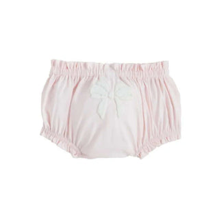 Mudpie pink diaper cover with an elegant ivory bow, perfect for stylish baby girls' outfits.