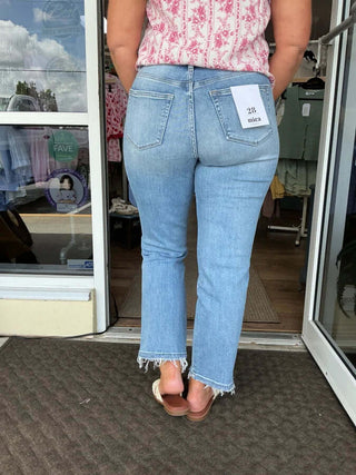 Mica T3261 Denim Light Wash Distressed High Rise Straight Jeans - Fashion-forward style with a comfortable fit.