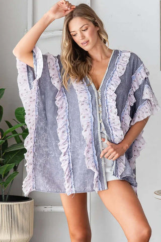 Oli & Hali Lavender & Blue Stripe Ruffle Top - Chic, lightweight summer blouse with ruffle details and vibrant stripes.