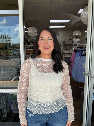 Elegant ivory floral lace top with scallop hem from Cozy Co, perfect for layering. Chic and versatile fashion essential.