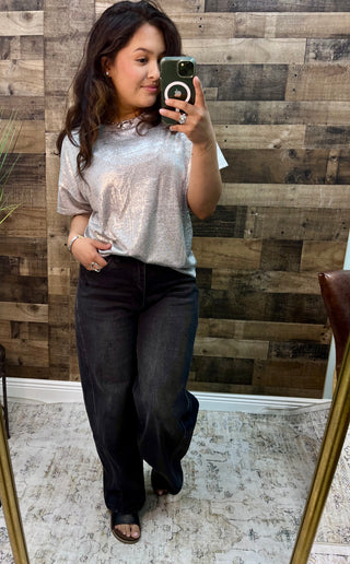 Sew In Love Silver Round Neck Short Sleeve Shine Top