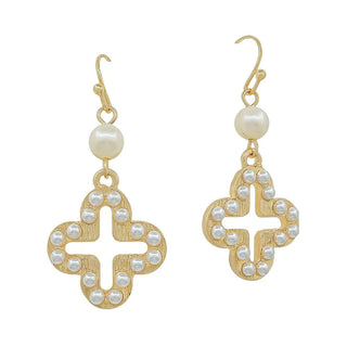 Elegant gold open clover pearl drop earrings with a sophisticated design, perfect for adding a touch of luxury to any outfit.