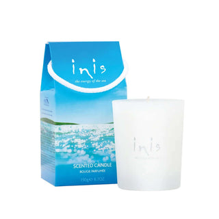 Inis Scented Candle 40+ Hour Burntime in white glass jar with blue packaging, offering a refreshing ocean-inspired aroma.