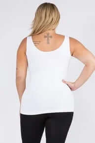 White buttery soft reversible seamless tank top on hanger, ideal for layering or standalone wear.
