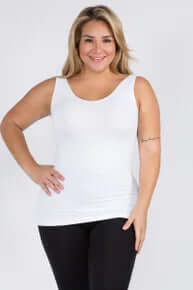 Alt text: "White buttery soft reversible seamless tank on a hanger, showcasing its smooth fabric and versatile design.