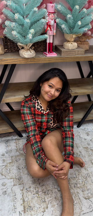 Jess Lea Leopard & Christmas Plaid Short Pajama Set