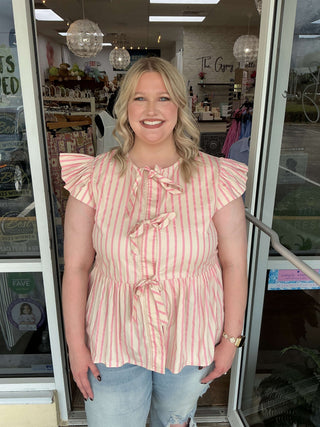 Oddi Pink Stripe Tie Front Peplum Top with short sleeves, perfect for casual and stylish summer looks.