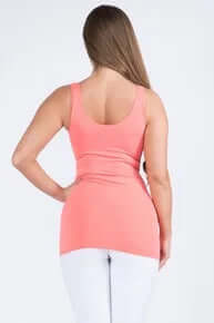 Hot Coral Buttery Soft Reversible Seamless Tank Top on hanger, showcasing vibrant color and smooth, comfortable fabric.