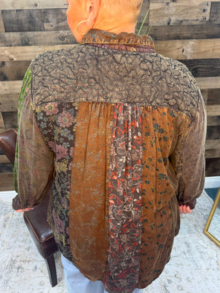 Vintage Boho Embroidered & Patchwork Tiered Top w/ Green Patchwork