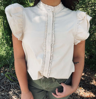 Ruffle Trim Top with Flutter Sleeves in Two Colors by ee:some - Stylish and Elegant Women's Blouse Perfect for Any Occasion