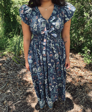 Entro Midnight Blue Floral Cap Sleeve Midi Dress with Bow Accent - Elegant and Stylish Women's Fashion