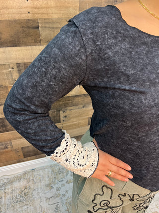 POL Black Round Neck Long Slv Slim Fit Top w/ Crochet Sleeve Hem