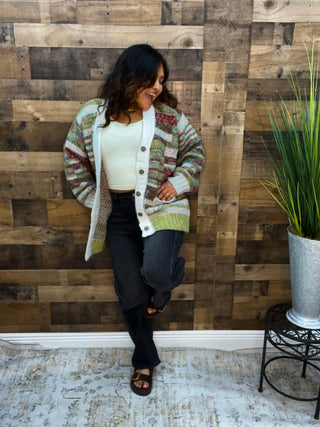 POL Olive Colorblock Woven Cardigan Sweater Top
