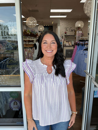 Umgee Lavender Seersucker Preppy Ruffle Sleeve Top - Stylish and Chic Women's Blouse with Ruffled Sleeves