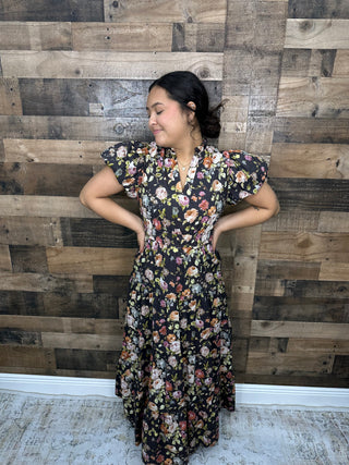 Entro Dk Brown Floral Tiered Midi Dress