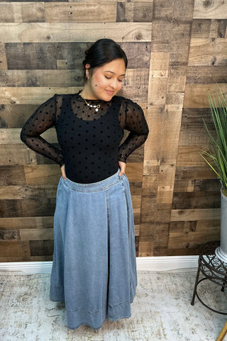 Washed Denim Favorite Flair Midi Skirt w/ Contrast Stitch