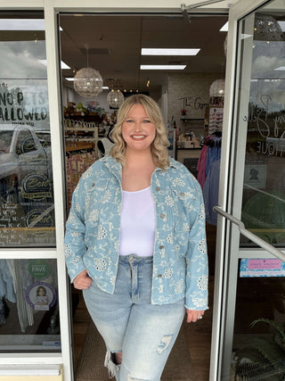 Light Wash Denim Eyelet Button Down Relaxed Shacket from Sew In Love, featuring a trendy and casual look.