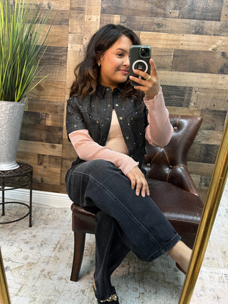 Cozy Co Rhinestone BLACK Denim Short Sleeve Shrug Top