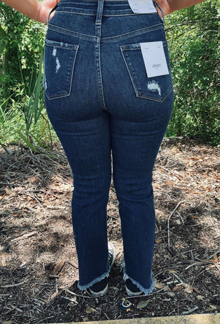 Vervet T5414 Dark Wash High Rise Ankle Kick Flare Jeans displayed on a mannequin against a neutral background.