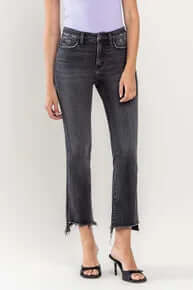 Lovervet T5991 Black High Rise Crop Flare Jeans featuring a trendy cut and sleek silhouette for a chic, modern look.