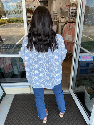 Sew In Love Embroidered Blue Button Top w/ Contrast Placket